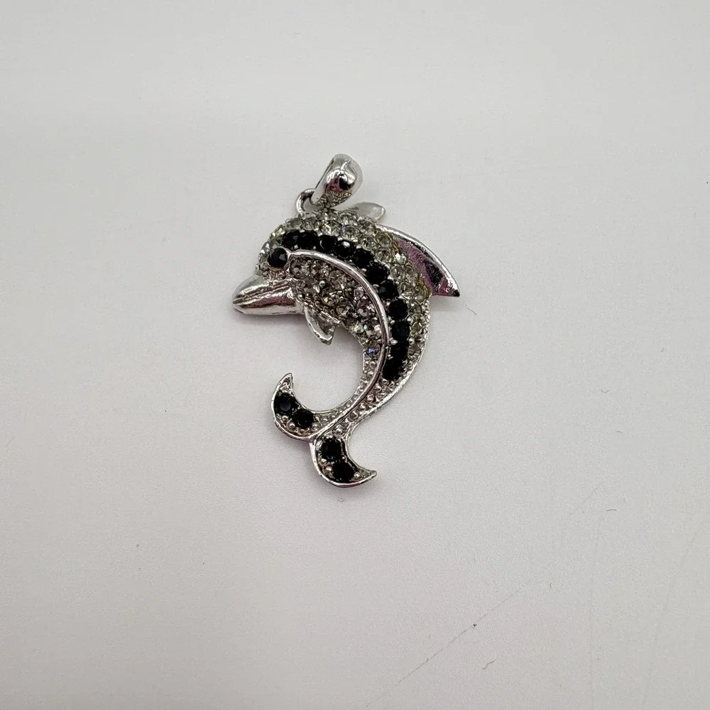 Vintage‎ Dolphin Pendant Silver Tone With Black And Clear Rhinestones